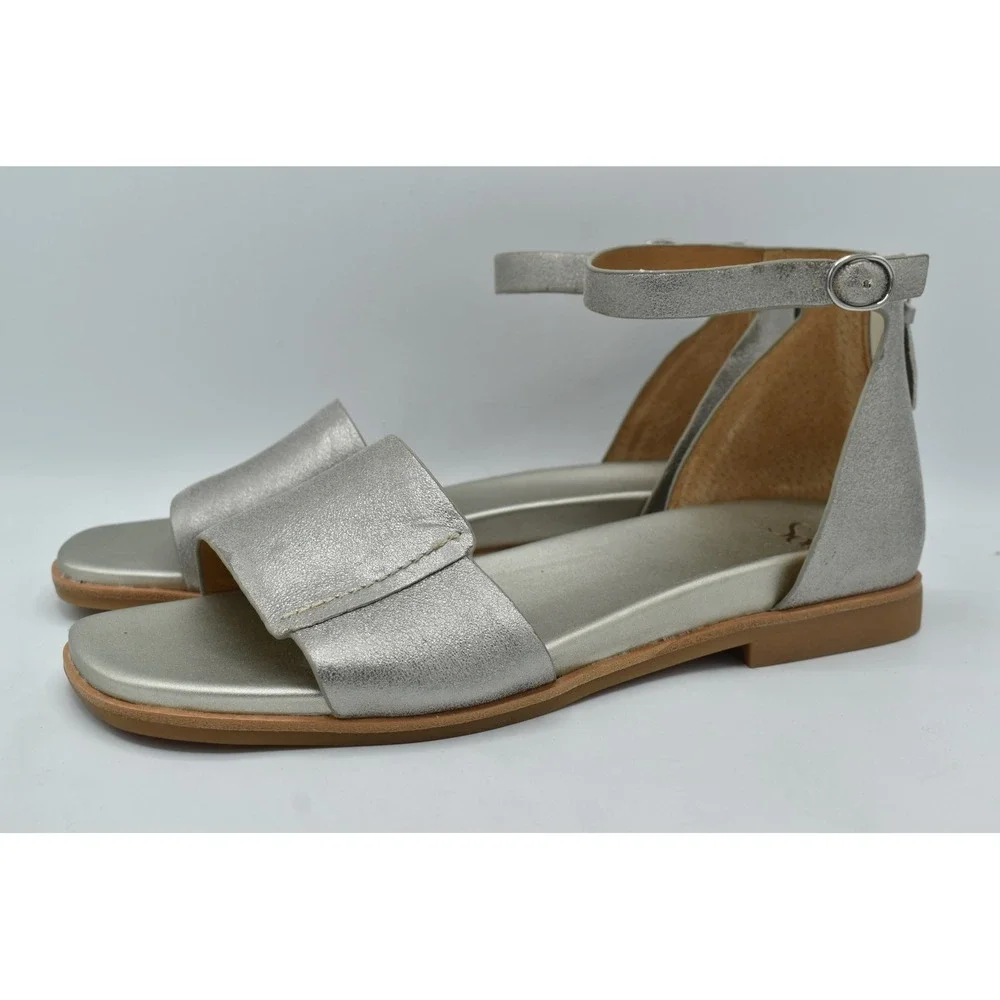 Sofft Women 11 Reyna Silver Metallic Leather Anthracite Strappy Sandals Shoes